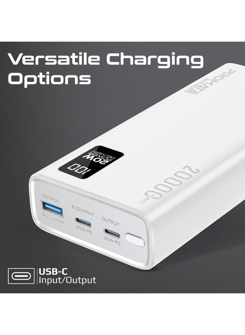 PROMATE - 20000 mAh Power Bank Ultra-Slim With 20W USB-C Input/Output Port, QC 3.0 Output, USB-C Ports, LCD Screen, Bolt-20PD White - Image 1