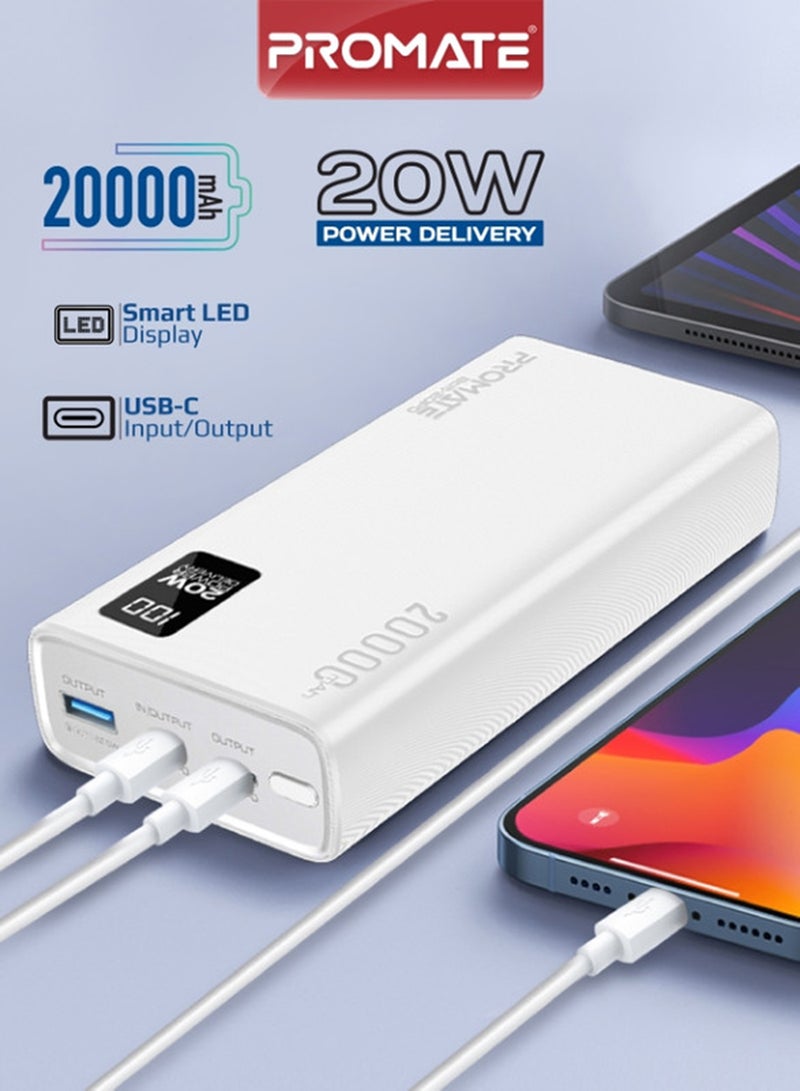 PROMATE Power Bank 20000mAh Ultra-Slim with 20W USB-C Input/Output Port, QC 3.0 Output, USB-C Ports, LCD Screen, Bolt-20PD White - Image 1