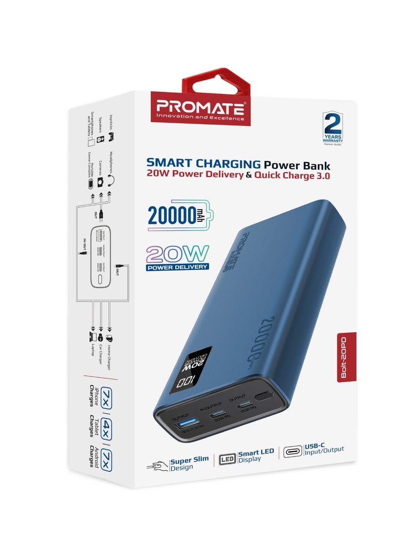 PROMATE - 20000 mAh Power Bank Ultra-Slim With 20W USB-C Input/Output Port, QC 3.0 Output, USB-C Ports, LCD Screen, Bolt-20PD Blue - Image 1