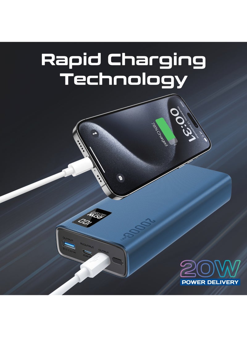 PROMATE - 20000 mAh Power Bank Ultra-Slim With 20W USB-C Input/Output Port, QC 3.0 Output, USB-C Ports, LCD Screen, Bolt-20PD Blue - Image 1