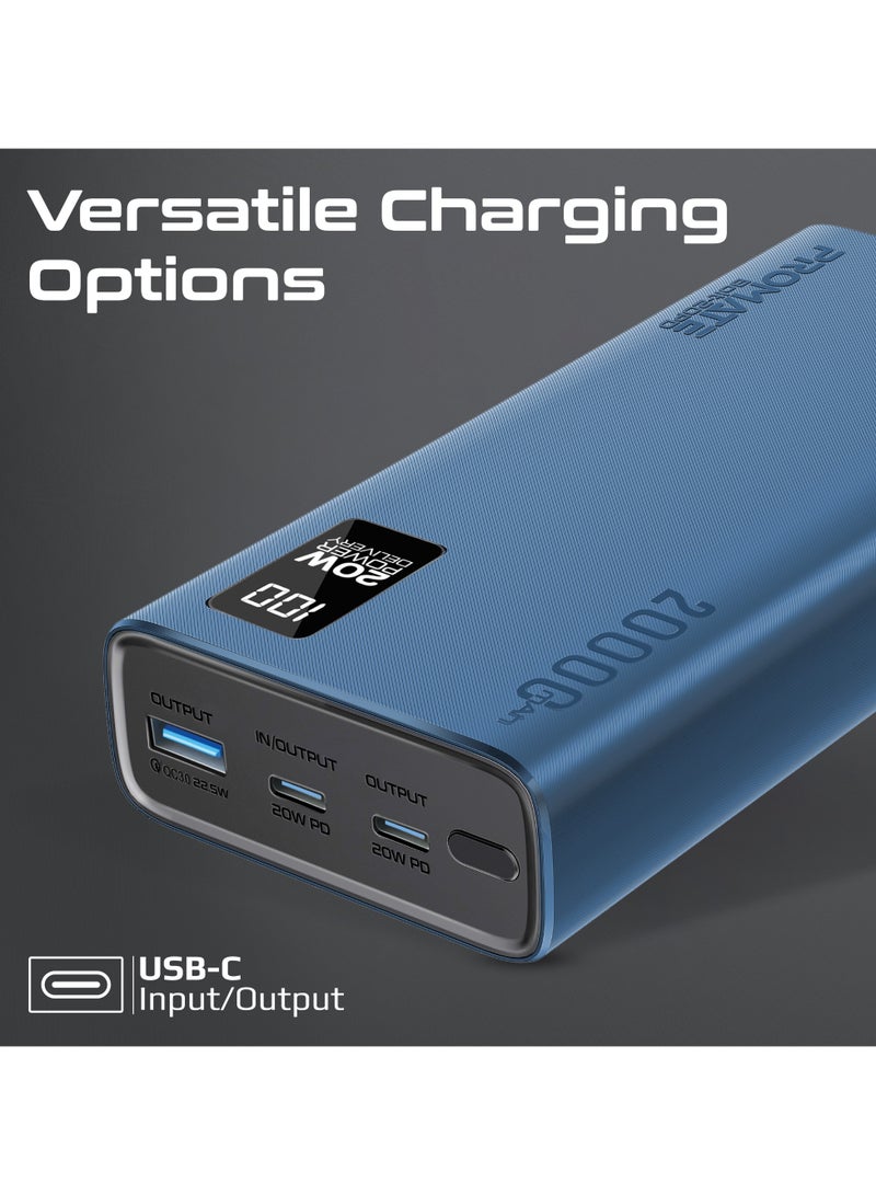 PROMATE - 20000 mAh Power Bank Ultra-Slim With 20W USB-C Input/Output Port, QC 3.0 Output, USB-C Ports, LCD Screen, Bolt-20PD Blue - Image 1
