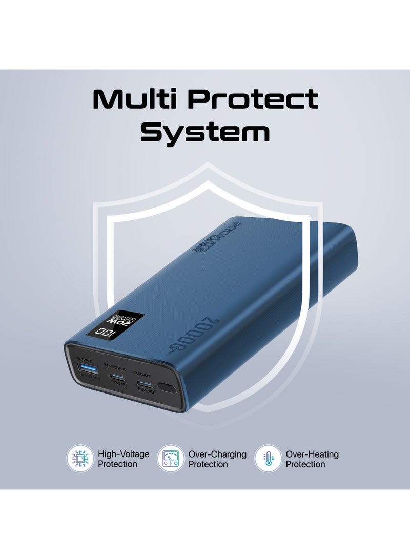 PROMATE - 20000 mAh Power Bank Ultra-Slim With 20W USB-C Input/Output Port, QC 3.0 Output, USB-C Ports, LCD Screen, Bolt-20PD Blue - Image 1
