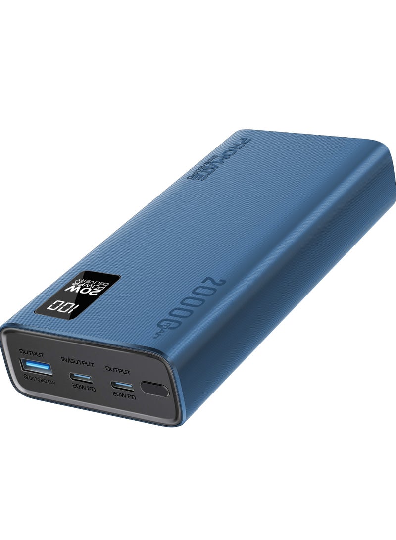 PROMATE - 20000 mAh Power Bank Ultra-Slim With 20W USB-C Input/Output Port, QC 3.0 Output, USB-C Ports, LCD Screen, Bolt-20PD Blue - Image 1
