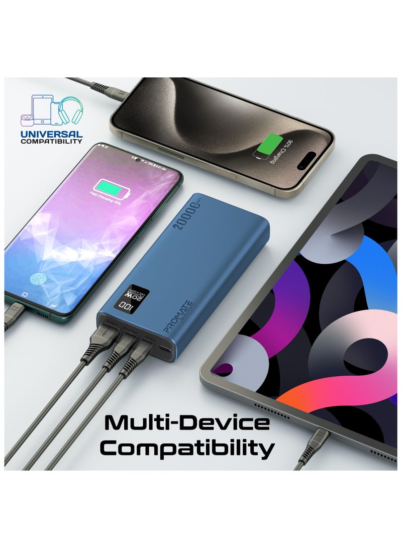 PROMATE - 20000 mAh Power Bank Ultra-Slim With 20W USB-C Input/Output Port, QC 3.0 Output, USB-C Ports, LCD Screen, Bolt-20PD Blue - Image 1