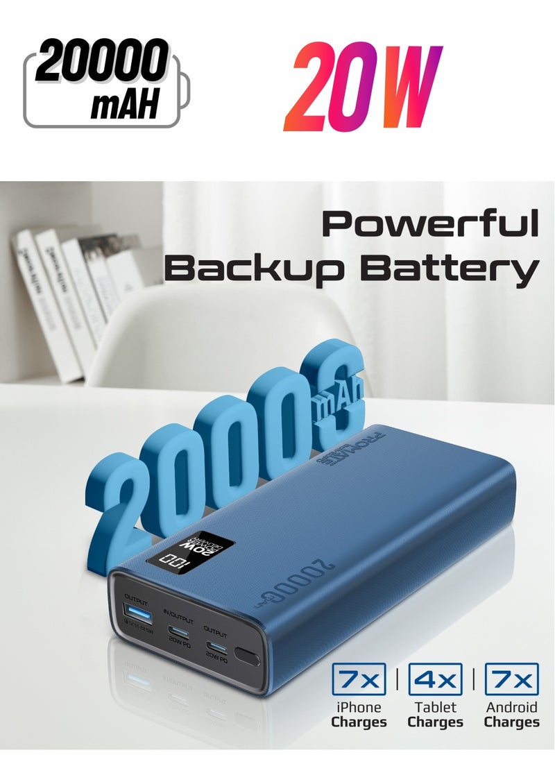 PROMATE - 20000 mAh Power Bank Ultra-Slim With 20W USB-C Input/Output Port, QC 3.0 Output, USB-C Ports, LCD Screen, Bolt-20PD Blue - Image 1