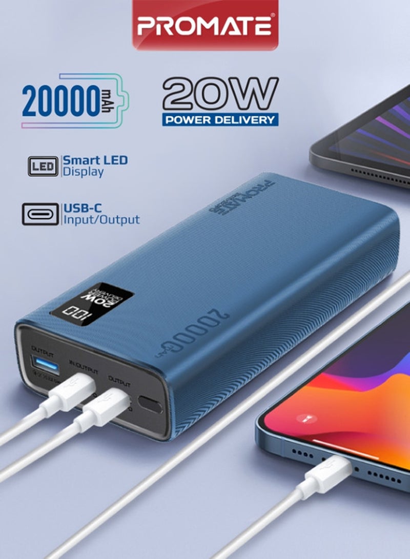 PROMATE Power Bank 20000mAh Ultra-Slim with 20W USB-C Input/Output Port, QC 3.0 Output, USB-C Ports, LCD Screen, Bolt-20PD Blue - Image 1