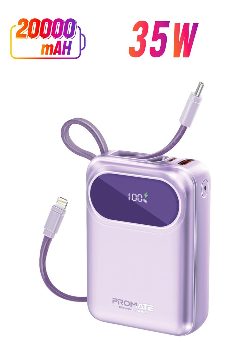 PROMATE 20000 mAh Power Bank with Built-In USB-C Cable, Compact Fast Charging Power Bank, 35W USB-C Power Delivery and 22.5W USB-A Qualcomm QC 3.0 Port, PowerPod-20 Purple  - Image 1