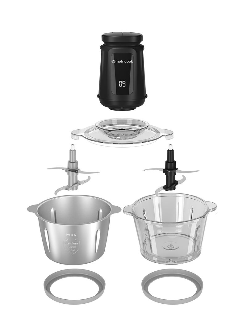 nutricook - Multi-Purpose Glass Chopper & Mincer, 500W, 2+2L with 4 SS Blade detachable System, Easy to Clean, Pulse Speed for Precision, Ice Crushing, Anti Slip Ring, 2-Year Warranty 2 L 500 W NC-CH2000 Black - Image 1