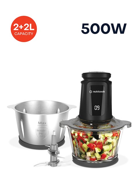 Multi-Purpose Glass Chopper & Mincer, 500W, 2+2L with 4 SS Blade detachable System, Easy to Clean, Pulse Speed for Precision, Ice Crushing, Anti Slip Ring, 2-Year Warranty 2 L 500 W NC-CH2000 Black