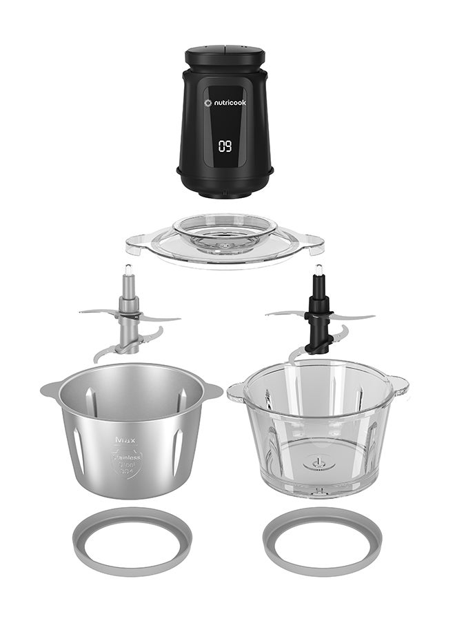 Multi-Purpose Glass Chopper & Mincer, 500W, 2+2L with 4 SS Blade detachable System, Easy to Clean, Pulse Speed for Precision, Ice Crushing, Anti Slip Ring, 2-Year Warranty 2 L 500 W NC-CH2000 Black