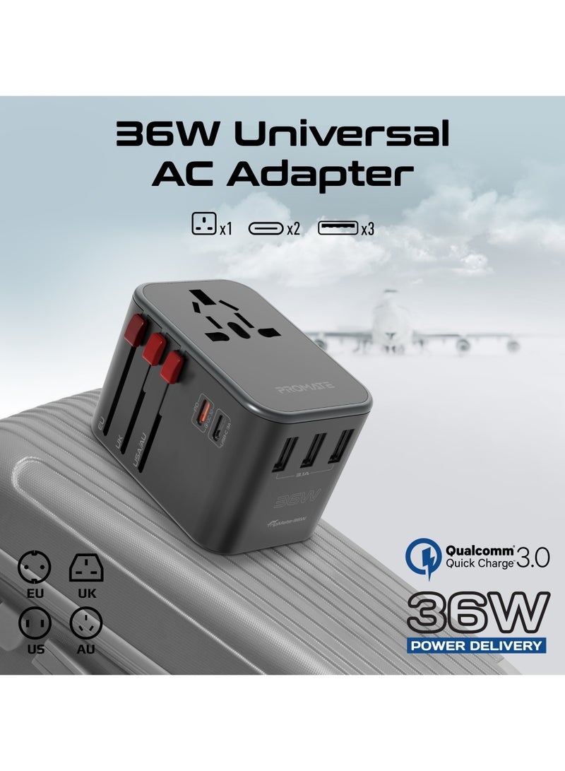 PROMATE 8 in 1 Portable Travel Kit, Power Bank, 36W Universal AC Adapter, 65W Dual-Output Mini Car Charger, Dual USB-C & Lighting Cables, Magnetic Mount & Accessory Kit Black - Image 4