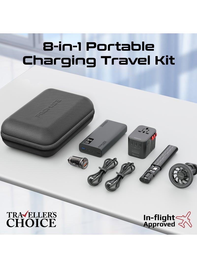 PROMATE 8 in 1 Portable Travel Kit, Power Bank, 36W Universal AC Adapter, 65W Dual-Output Mini Car Charger, Dual USB-C & Lighting Cables, Magnetic Mount & Accessory Kit Black - Image 1