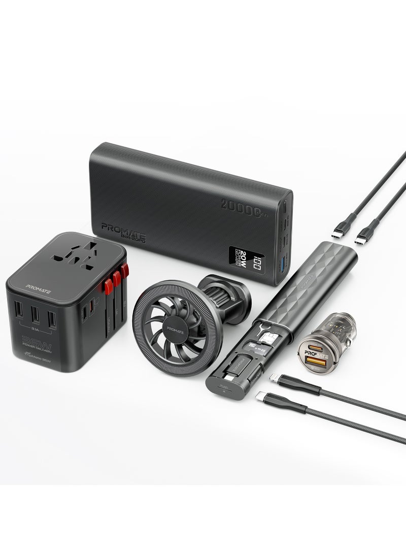 PROMATE 8 in 1 Portable Travel Kit, Power Bank, 36W Universal AC Adapter, 65W Dual-Output Mini Car Charger, Dual USB-C & Lighting Cables, Magnetic Mount & Accessory Kit Black - Image 2