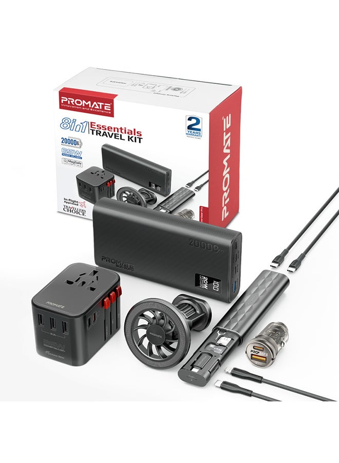 بروميت 8 in 1 Portable Travel Kit, Power Bank, 36W Universal AC Adapter, 65W Dual-Output Mini Car Charger, Dual USB-C & Lighting Cables, Magnetic Mount & Accessory Kit Black - Image 1