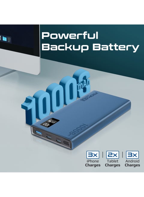 10000 mAh Power Bank Ultra-Slim with 20W USB-C Input/Output Port, QC 3.0 Output, USB-C Ports, LCD Screen, Bolt-10PD Blue