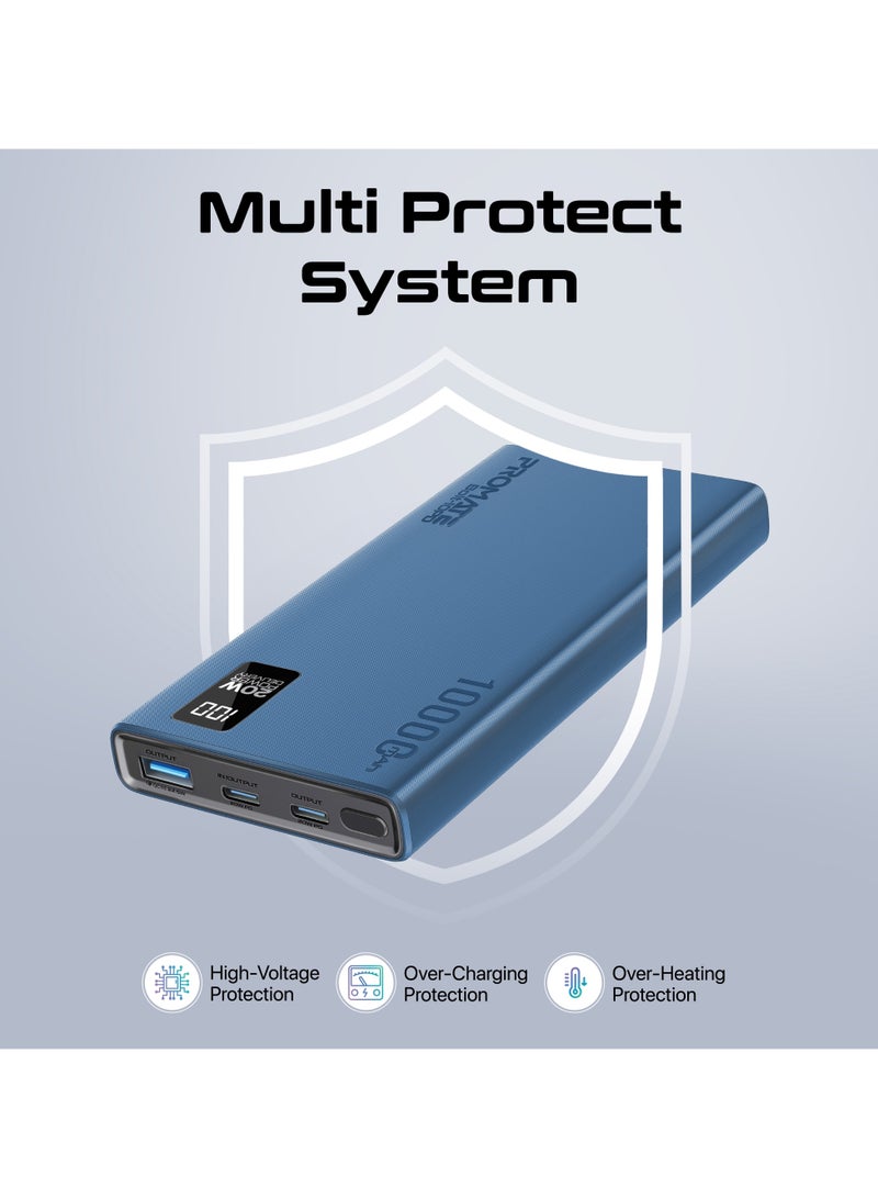 10000 mAh Power Bank Ultra-Slim with 20W USB-C Input/Output Port, QC 3.0 Output, USB-C Ports, LCD Screen, Bolt-10PD Blue