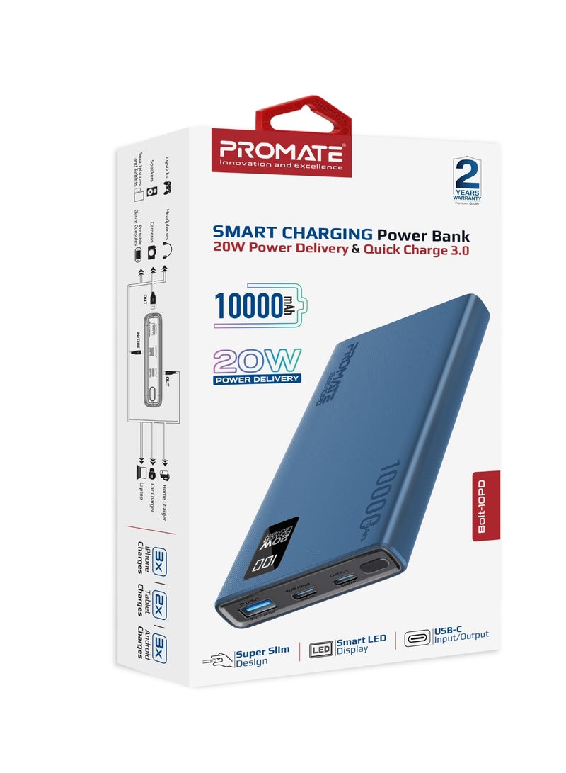 10000 mAh Power Bank Ultra-Slim with 20W USB-C Input/Output Port, QC 3.0 Output, USB-C Ports, LCD Screen, Bolt-10PD Blue