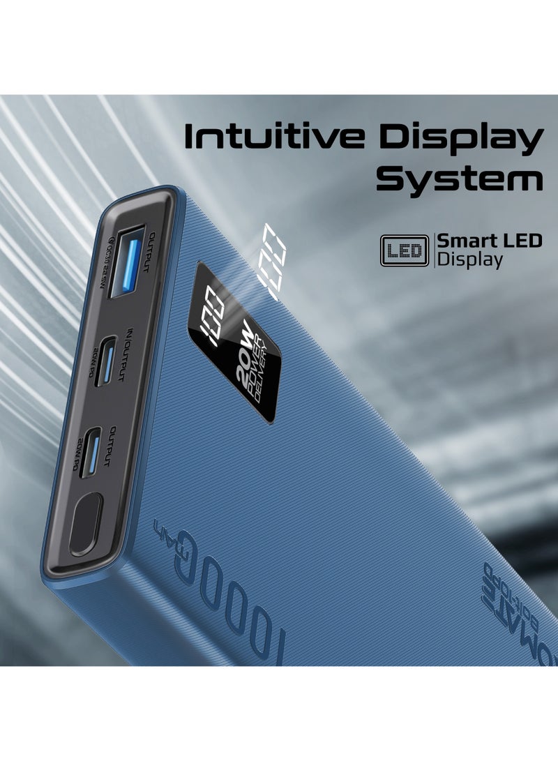 10000 mAh Power Bank Ultra-Slim with 20W USB-C Input/Output Port, QC 3.0 Output, USB-C Ports, LCD Screen, Bolt-10PD Blue