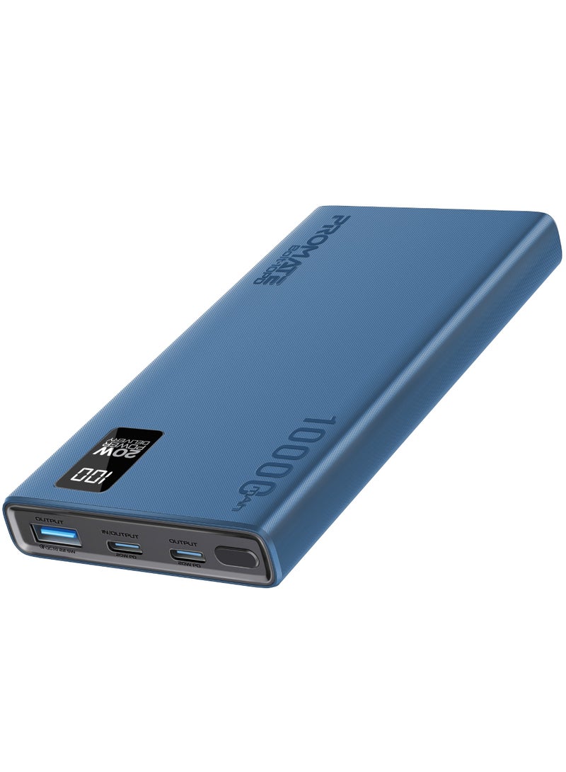 10000 mAh Power Bank Ultra-Slim with 20W USB-C Input/Output Port, QC 3.0 Output, USB-C Ports, LCD Screen, Bolt-10PD Blue