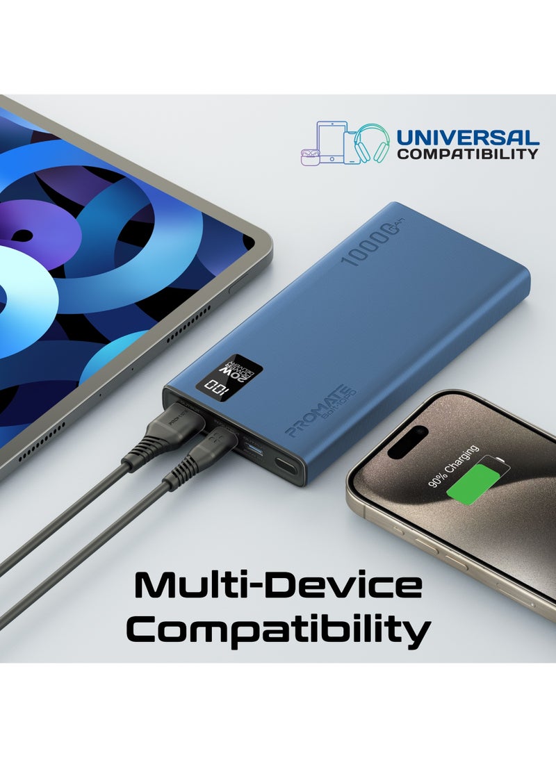 10000 mAh Power Bank Ultra-Slim with 20W USB-C Input/Output Port, QC 3.0 Output, USB-C Ports, LCD Screen, Bolt-10PD Blue