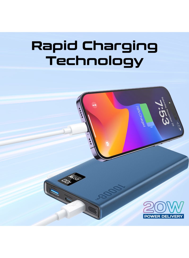 10000 mAh Power Bank Ultra-Slim with 20W USB-C Input/Output Port, QC 3.0 Output, USB-C Ports, LCD Screen, Bolt-10PD Blue