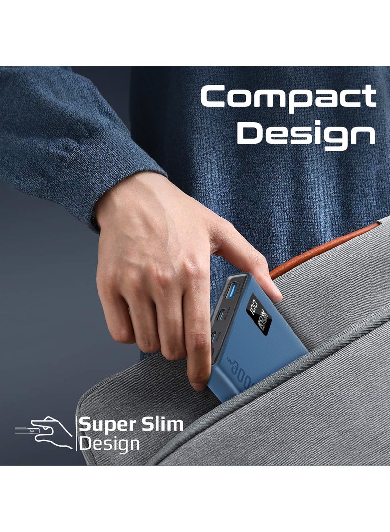 10000 mAh Power Bank Ultra-Slim with 20W USB-C Input/Output Port, QC 3.0 Output, USB-C Ports, LCD Screen, Bolt-10PD Blue