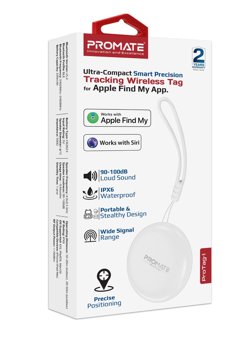 Ultra-Compact Smart Precision Tracking Wireless Tag for Apple Find My App, Loud Alarm Sound , IPX6 Water Resistant, Lost Mode White