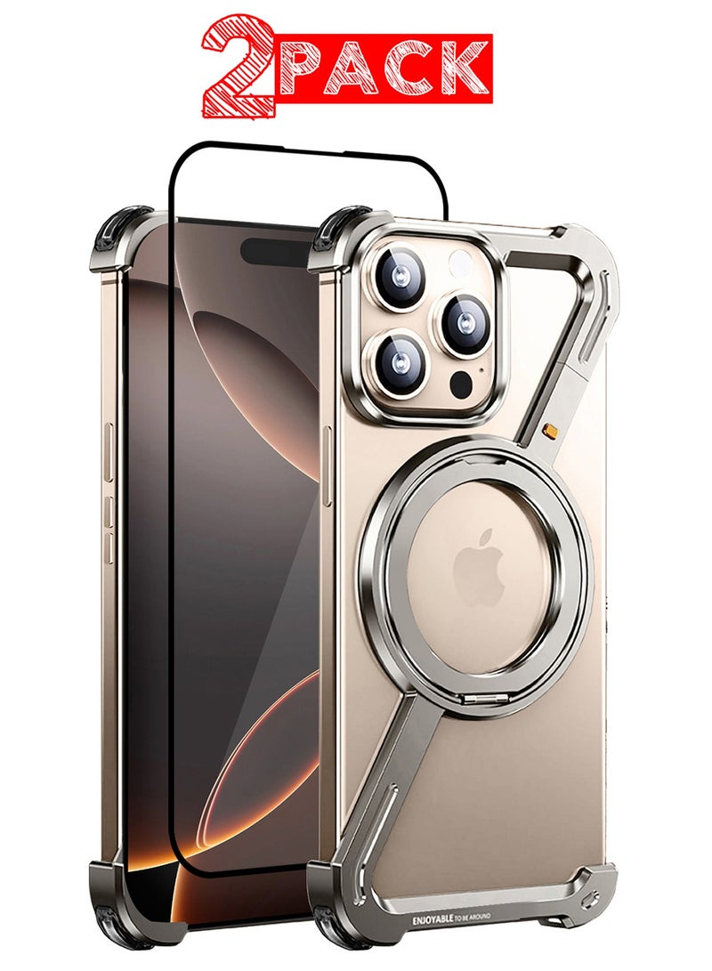 MARGOUN ( for iPhone 16 Pro Max ) 2Packs Case MagSafe with 360° Rotation Stand, Z-shaped Light Frameless, Lens Protection Frame, Shock Grade Protective Case with Screen Protector Natural Titanium-1 - Image 1