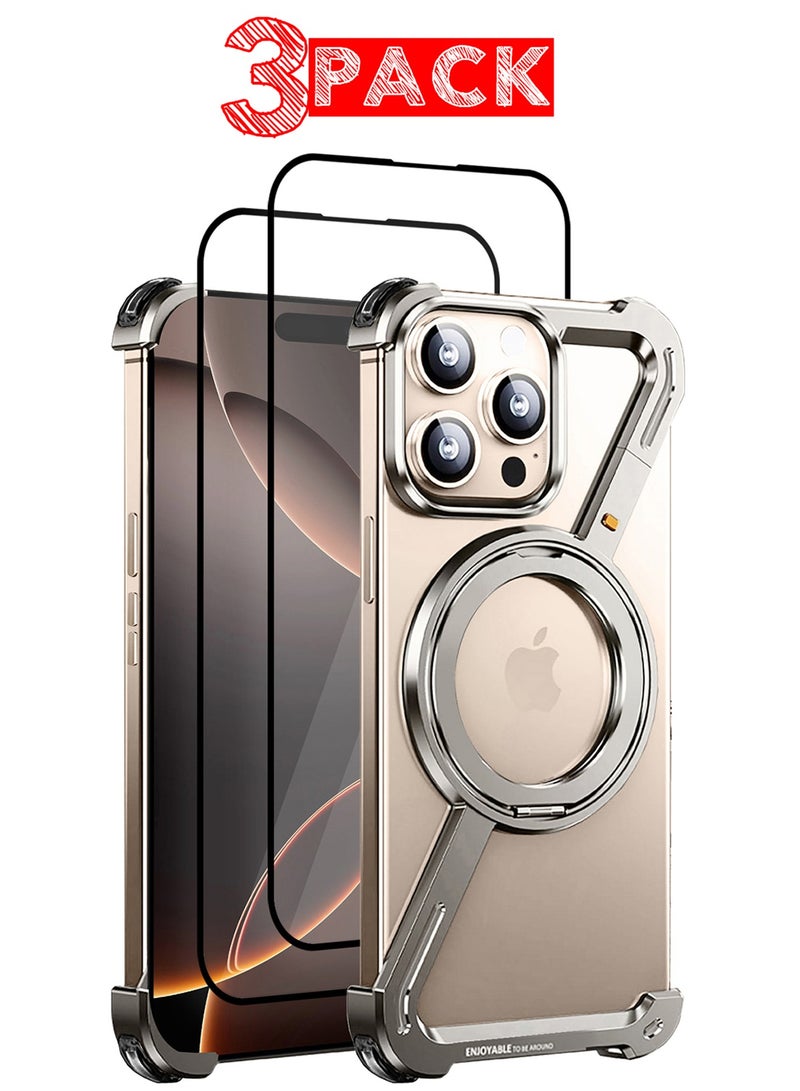 MARGOUN ( for iPhone 16 Pro Max ) 3Packs Case MagSafe with 360° Rotation Stand, Z-shaped Light Frameless, Lens Protection Frame, Shock Grade Protective Case with Screen Protector Natural Titanium-1 - Image 1