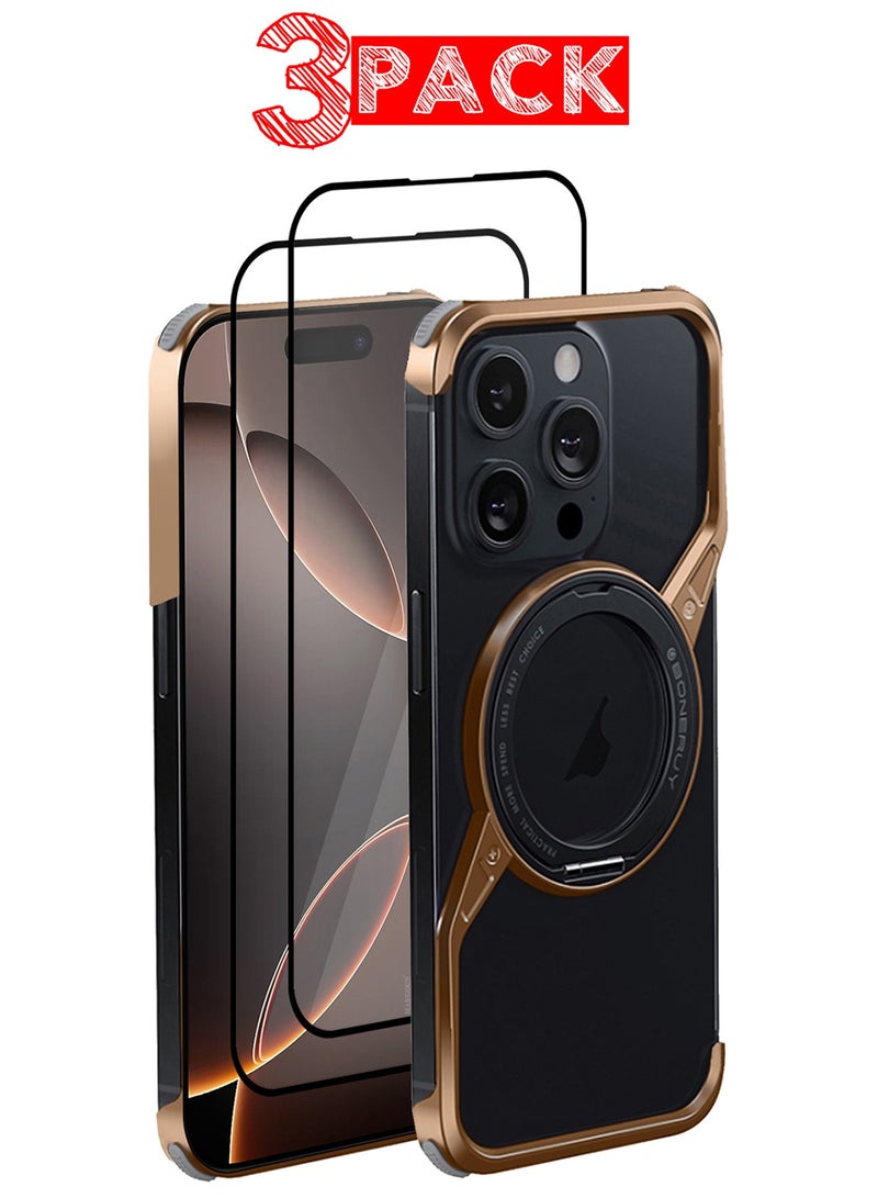 MARGOUN ( for iPhone 16 Pro Max ) 3Packs Frameless Magsafe Hard Case Cover Cool Luxury Design Z-shaped Light Metal with 360° Rotation Magnetic O Ring Stand with 2 Screen Protectors Desert Titanium - Image 1