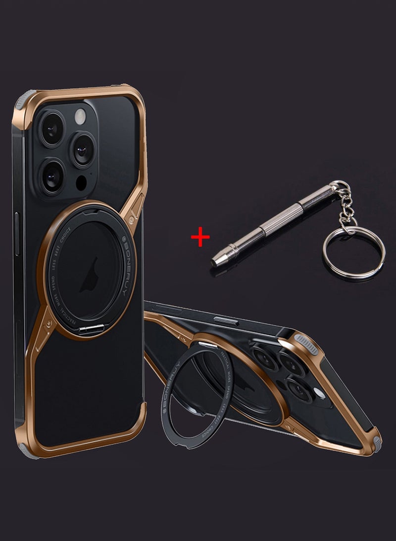 MARGOUN ( for iPhone 16 Pro Max ) 3Packs Frameless Magsafe Hard Case Cover Cool Luxury Design Z-shaped Light Metal with 360° Rotation Magnetic O Ring Stand with 2 Screen Protectors Desert Titanium - Image 3