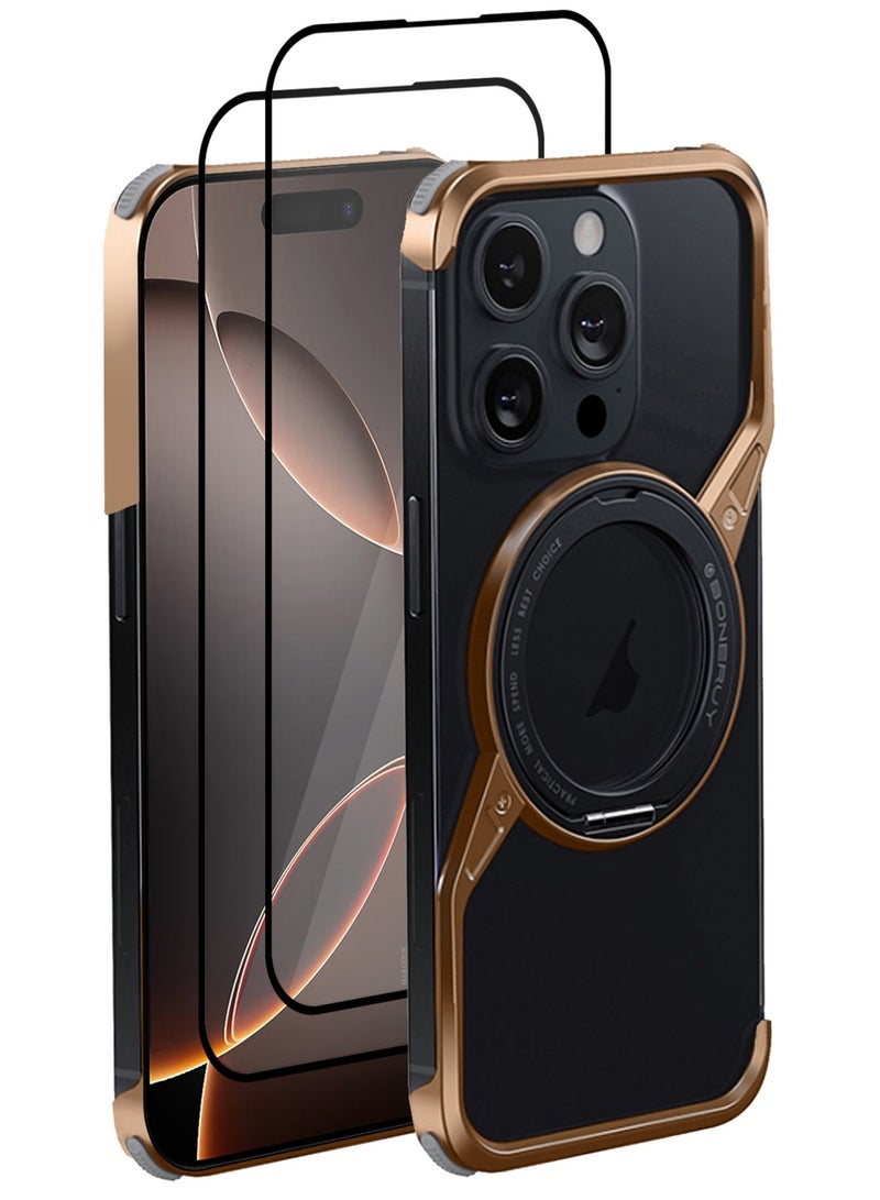 MARGOUN ( for iPhone 16 Pro Max ) 3Packs Frameless Magsafe Hard Case Cover Cool Luxury Design Z-shaped Light Metal with 360° Rotation Magnetic O Ring Stand with 2 Screen Protectors Desert Titanium - Image 4