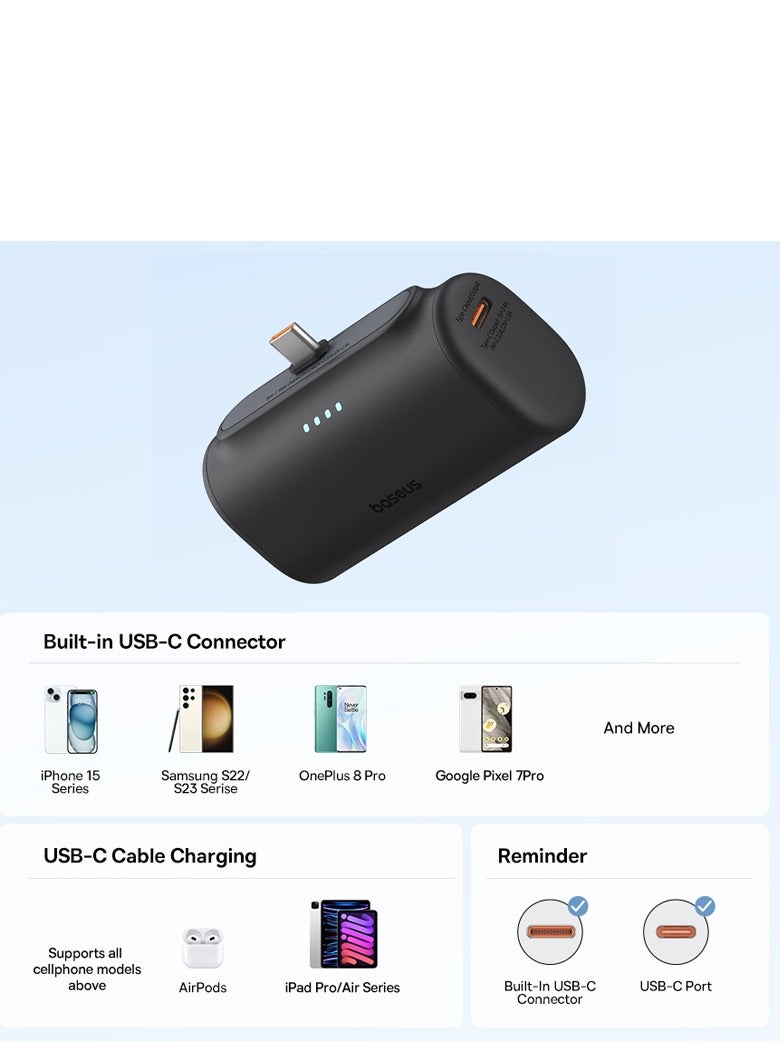 Baseus - 5000 mAh Compact Power Bank, PD 20W Fast Charging Portable Charger with USB-C Port, External Battery for iPhone 16 Pro, Pro Max, 15 Pro Max, 15 Pro, 15, Samsung S24, S23, S22 Ultra, iPad, Air Pods Pro & Most USB-C Devices – On-the-Go Power Bank Moon White - Image 1