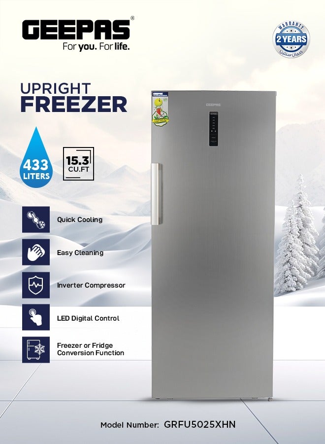 GEEPAS Single Door Upright Freezer with Inverter Technology & Fridge Conversion 150 W GRFU5025XHN Grey 