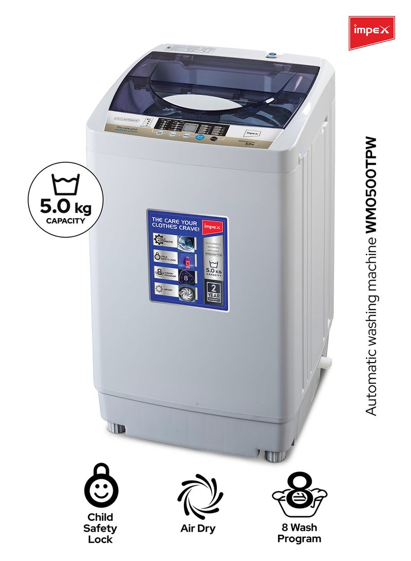 إمبكس غسالة ملابس أوتوماتيكية بالكامل سعة 5 كجم، منطق ضبابي، وظيفة تأخير الغسيل، تجفيف هوائي، 8 برامج غسيل مع شاشة LED، قفل أمان للأطفال - Image 1