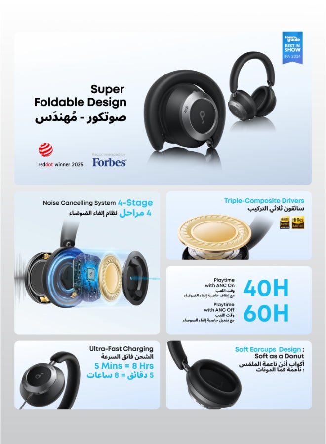 ساوند كور Space One Pro من أنكر، سماعات رأس نشطة لإلغاء الضوضاء، تصميم قابل للطي بشكل فائق، 60 ساعة من الصوت بدون فقد، شحن فائق السرعة، صوت لاسلكي عالي الدقة مع LDAC، ملاءمة مريحة - Image 2