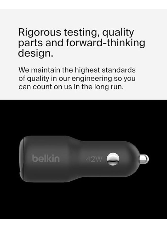belkin - BoostCharge Dual Car Charger 42W w/ Fast Charge USB-C 30W PPS & 12W USB-A Ports for Apple iPhone 15, 15 Pro, 15 Pro Max, iPhone 14 Series, iPhone 13 Series, Samsung Galaxy S23, & More - Black Black - Image 1