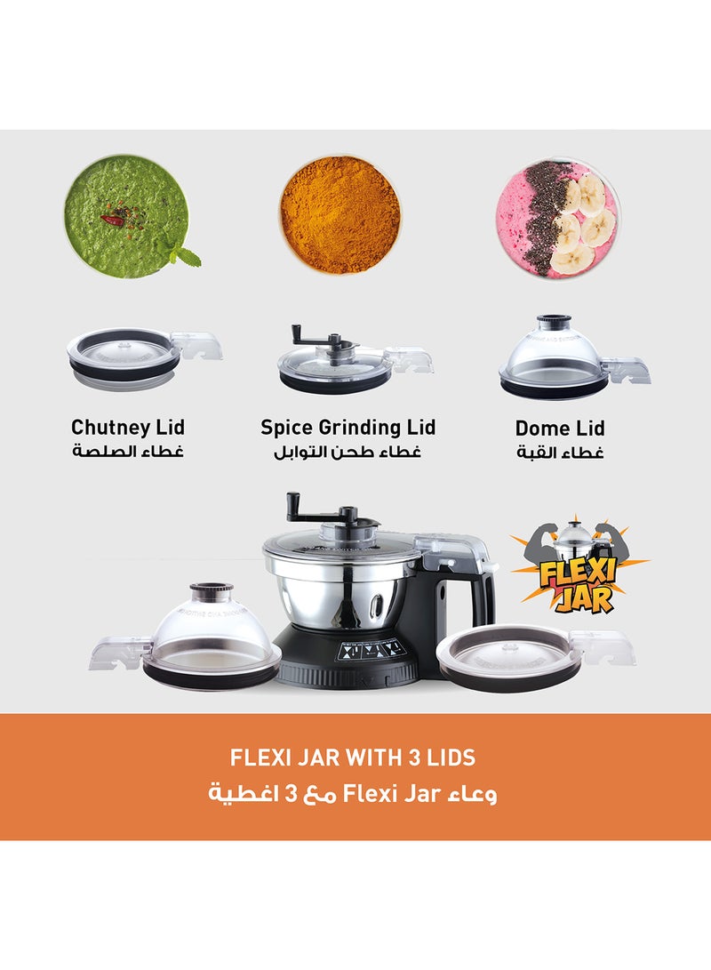 Panasonic Powerful Monster Series Mixer Grinder With Stainless Steel Blender Jar, Mill Jar, Flexi Jar With 3 Lids [ Dome Lid, Chutney Lid With Pusher Attachment And Spice Grinding Lid], Strong Samurai Edge Blade Made From Monolith Steel 1 L 2000 W MX-AE365KTZ Black  - Image 3