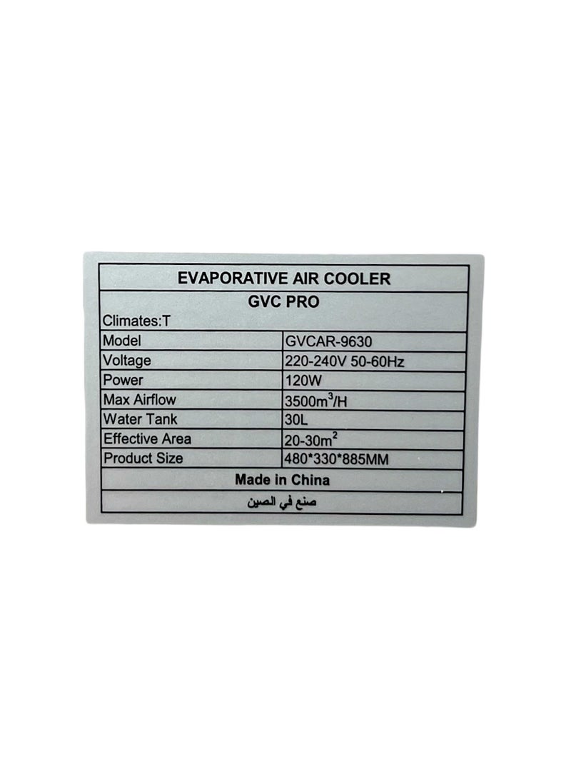 gvc pro Air cooler, effective area 20-30 m²,with water-operated and characterize by large water tank which reach to 30 L, max airflow 3500 m³/h, 30 L 120 W GVCAR-9630 White/Blue  - Image 5