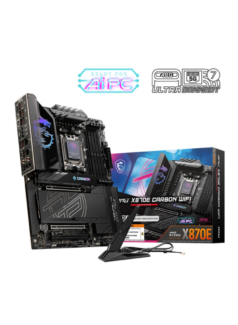 MSI - MPG X870E CARBON Wi-Fi ATX Motherboard, AMD X870E Chipset, AM5 Socket, 4 x DIMM DDR5 (256GB Max), 4 x M.2 Slots, 1 x PCIe 5.0 x16, Dual Ethernet (10Gb + 2.5Gb), Wi-Fi 7, Bluetooth 5.4, HDMI, Dual USB4, EZ DIY, Ultra Power & Connectivity, Frozr Design, Optimized UI/UX, AI-Ready, Built for Gamers & Creators, 911-7E49-001 Black - Image 1