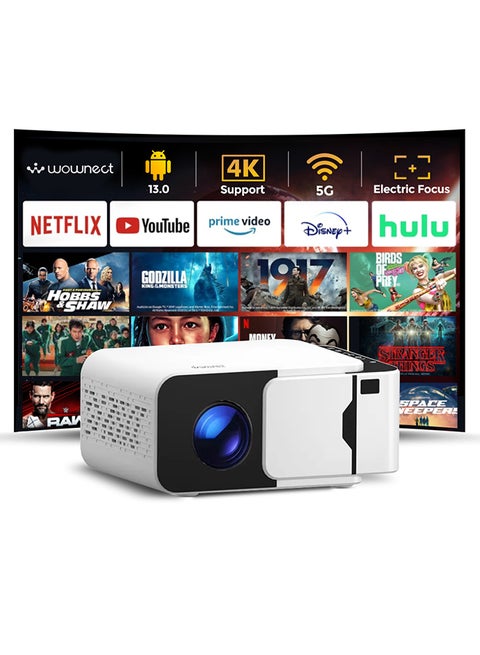 Smart T5 Mini Projector with WiFi and Bluetooth [Android 13.0/Electric focus] Portable Projector 4K Support 1080P Supported Home Theater Projector T5 Mini Projector White