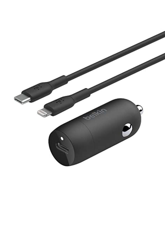 belkin Boost↑Charge™ 30W Fast Car Charger, Compact Design w/ USB-C Power Delivery Port, USB-C to Lightning Cable Included, Universal Compatibility for iPhone 14 Series, iPad, and More - Black Black  - Image 1