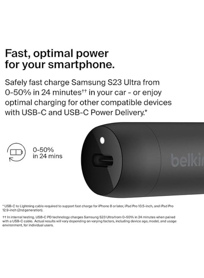 belkin Boost↑Charge™ 30W Fast Car Charger, Compact Design w/ USB-C Power Delivery Port, USB-C to Lightning Cable Included, Universal Compatibility for iPhone 14 Series, iPad, and More - Black Black  - Image 2