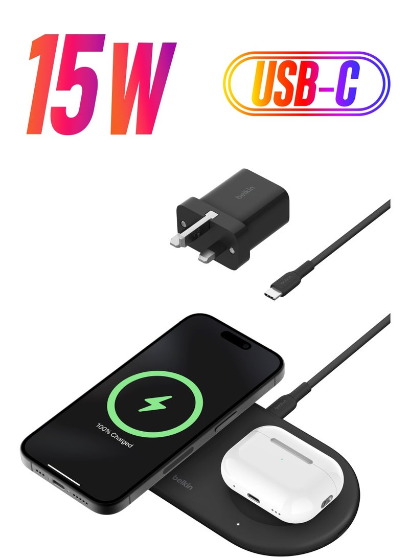 belkin BoostCharge Pro 2-in-1 Wireless Charging Pad with Magnetic Qi2 15W, Fast Charging iPhone Wireless Charger Compatible with iPhone 15 Series, AirPods, MagSafe Enabled Devices - Black Black  - Image 1