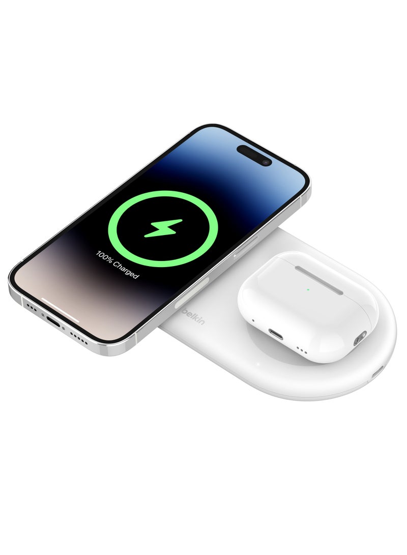 belkin - BoostCharge Pro 2-in-1 Wireless Charging Pad with Magnetic Qi2 15W, Fast Charging iPhone Wireless Charger Compatible with iPhone 15 Series, AirPods, MagSafe Enabled Devices - White White - Image 1