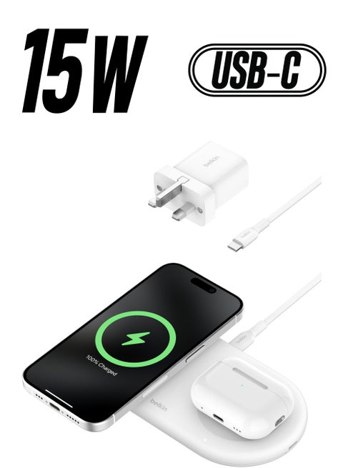 BoostCharge Pro 2-in-1 Wireless Charging Pad with Magnetic Qi2 15W, Fast Charging iPhone Wireless Charger Compatible with iPhone 15 Series, AirPods, MagSafe Enabled Devices - White White