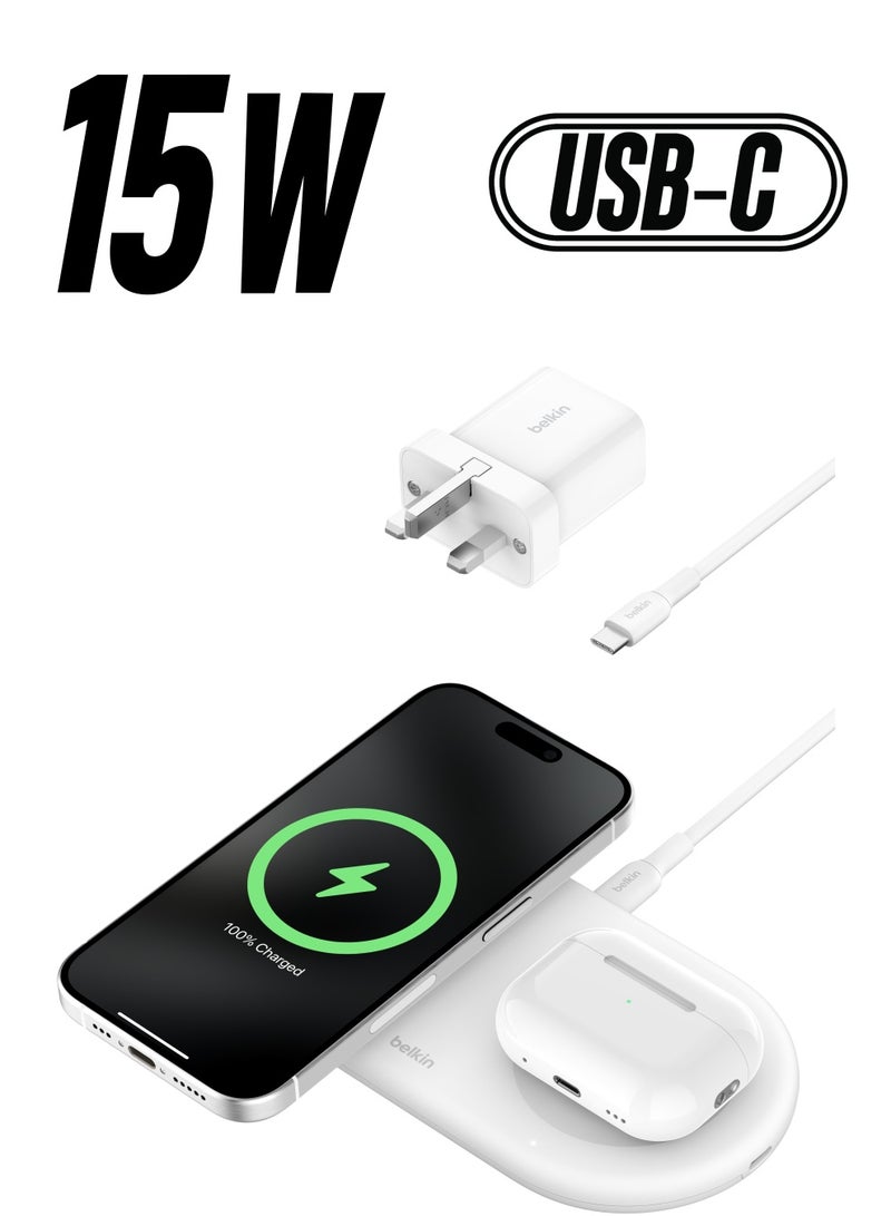 belkin - BoostCharge Pro 2-in-1 Wireless Charging Pad with Magnetic Qi2 15W, Fast Charging iPhone Wireless Charger Compatible with iPhone 15 Series, AirPods, MagSafe Enabled Devices - White White - Image 1