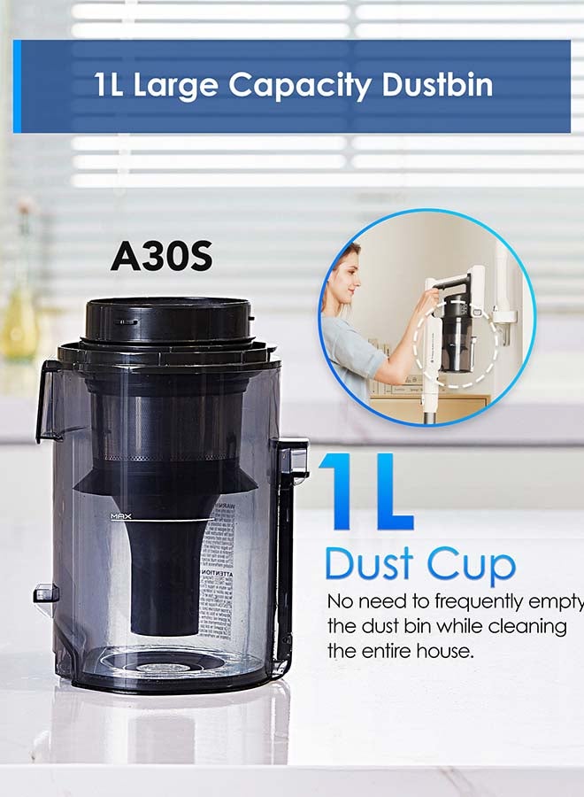 Tineco A30S Cordless Stick Vacuum Cleaner, 160W Suction, 60Min Runtime, 1L Larger Dustbin, ZeroTangle Brush,Tineco PureCyclone Tech, LED Headlight 500 W VS1D2300SA White  - Image 4
