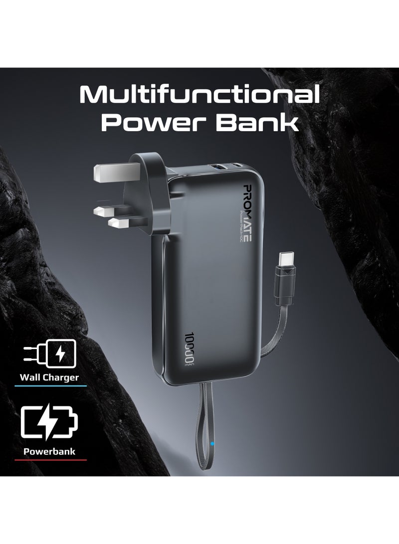 PROMATE 10000 mAh Ultra-Compact Wall Charger Power Bank  Built-In 20W USB-C Output Cable, 20W USB-C in/out Port, 22.5W QC3.0 USB-A Black  - Image 2