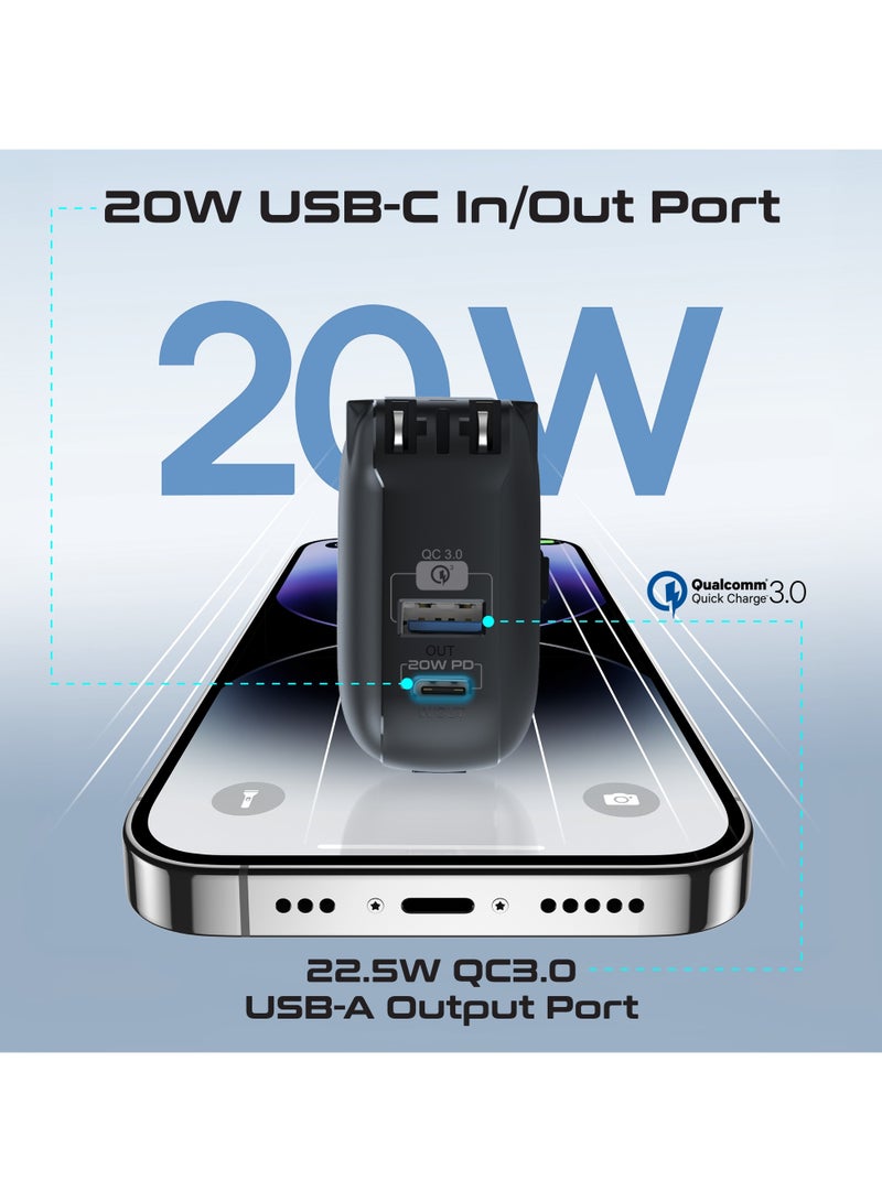 PROMATE 10000 mAh Ultra-Compact Wall Charger Power Bank  Built-In 20W USB-C Output Cable, 20W USB-C in/out Port, 22.5W QC3.0 USB-A Black  - Image 5
